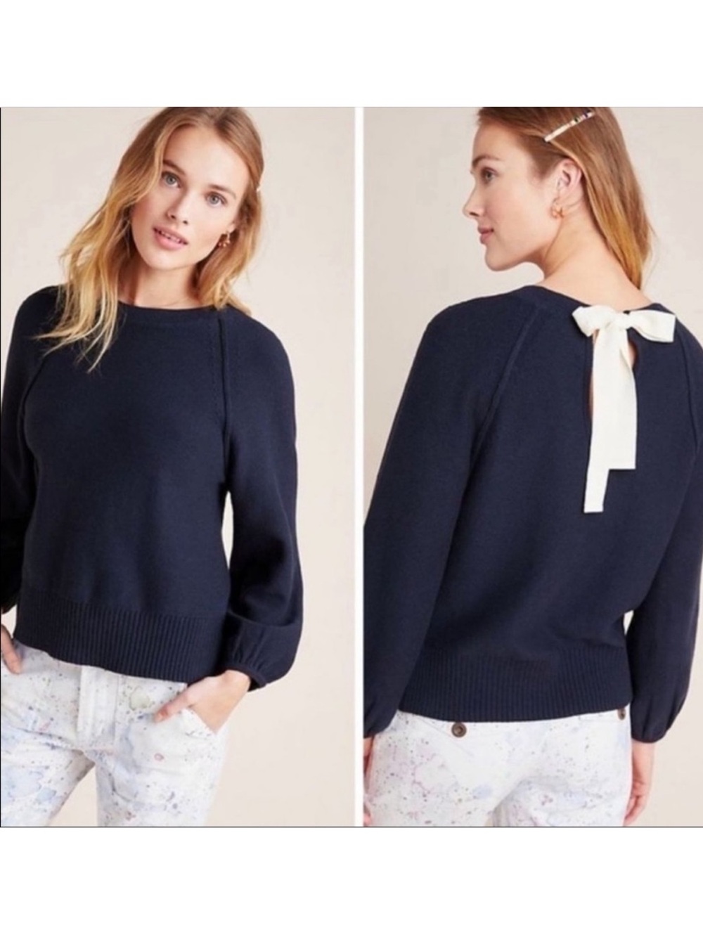 Anthropologie Emily Bow Back Open Keyhole Puff Sleeve Knit Sweater S